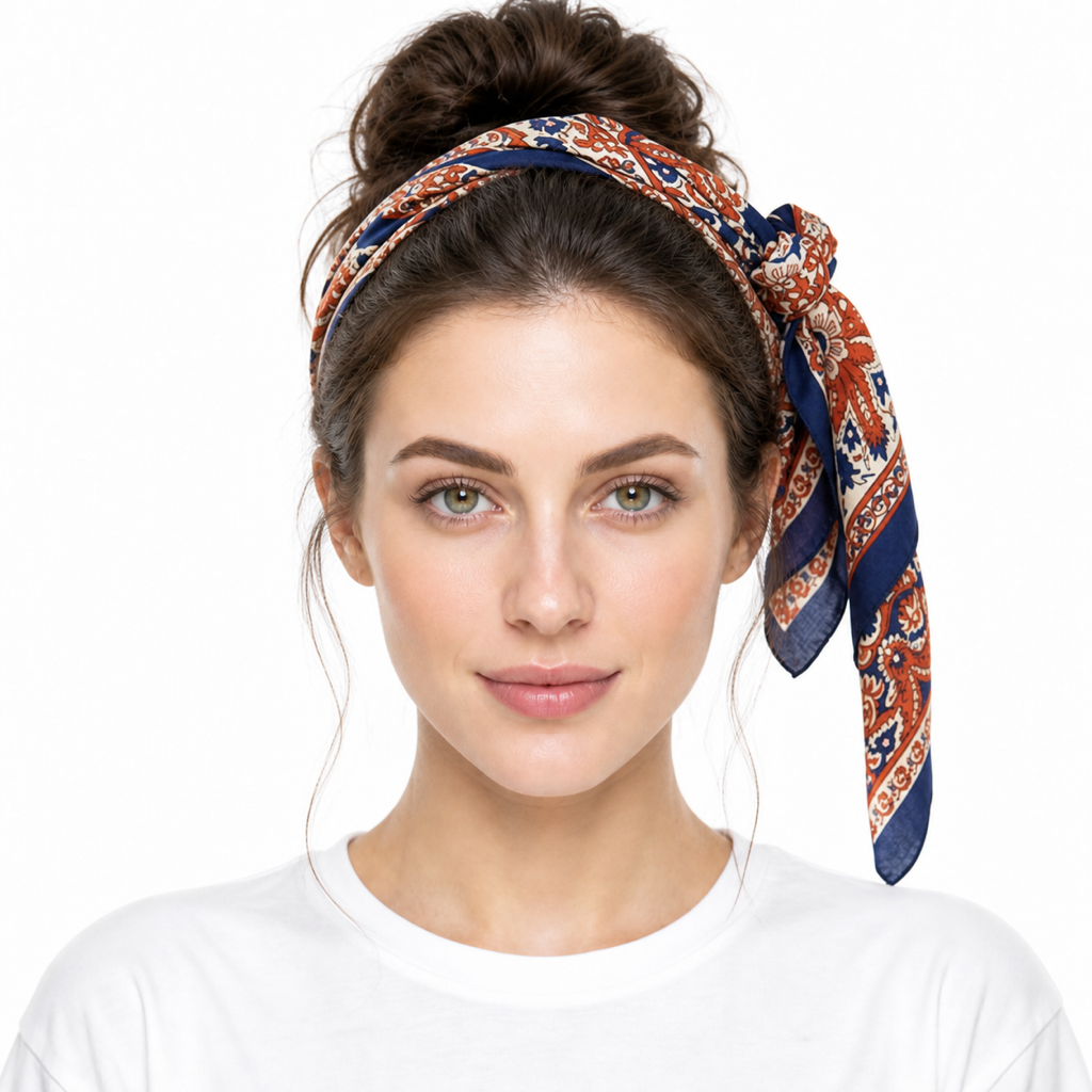 Messy Bun with a Scarf hairstyle example on a woman