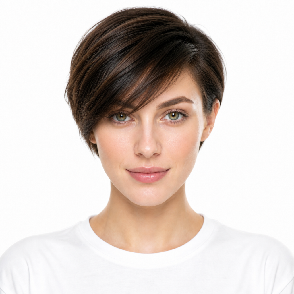 Sideswept Pixie hairstyle example on a woman