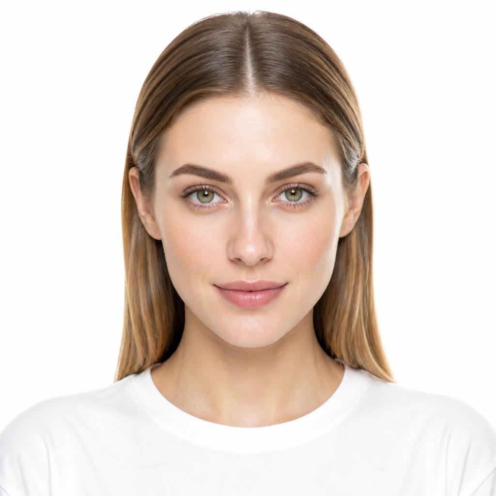 Woman with straight blonde hair before the AI hairstyle change